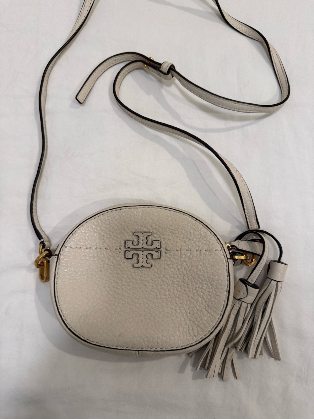 Tory Burch Pebbled Leather Crossbody in Light Cream with Tassel